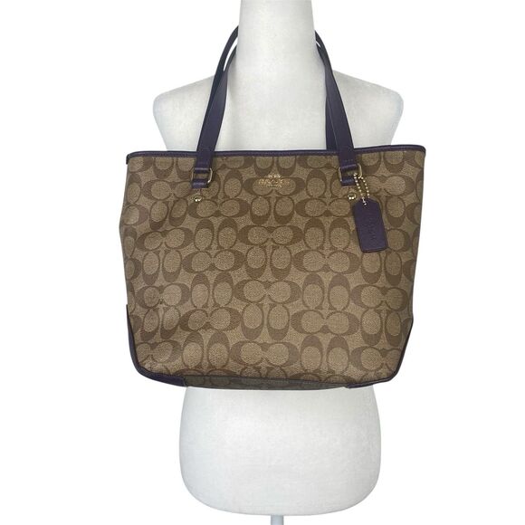 Coach Signature Shoulder Bag Womens Brown Purple Leather...